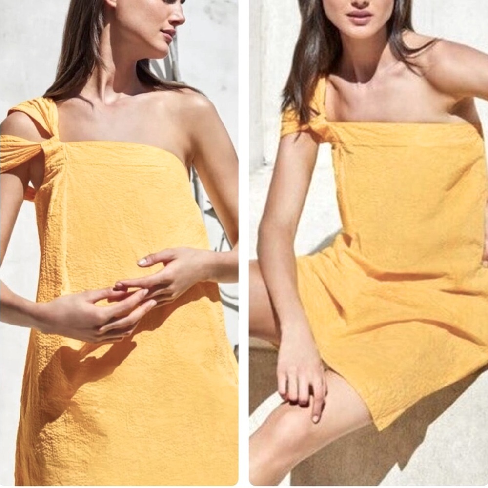 Cuyana Yellow Seersucker Shoulder Twist Cotton Mini Dress‎ Large
